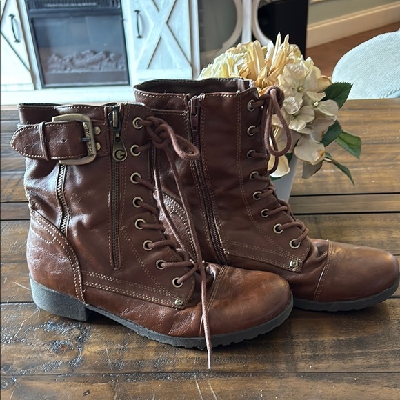 Guess Brown Leather Combat Boots with Buckle - Picture 1 of 8